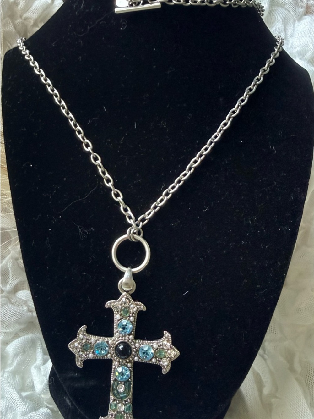 Silver-Tone Cross Pendant Necklace with Blue and Green Accents